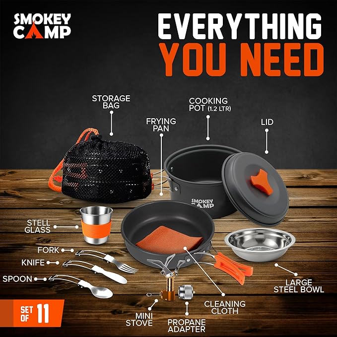 Smokey Camp Camping Cookware Mess Kit Set with Stove - Backpacking Camping Pots and Pans Set, All in One Non-Stick Camping Cooking Set, Portable Stove, Hiking, Picnic, Outdoor & Camping Cookware Set