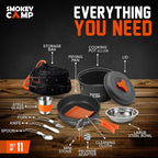 Smokey Camp Camping Cookware Mess Kit Set with Stove - Backpacking Camping Pots and Pans Set, All in One Non-Stick Camping Cooking Set, Portable Stove, Hiking, Picnic, Outdoor & Camping Cookware Set