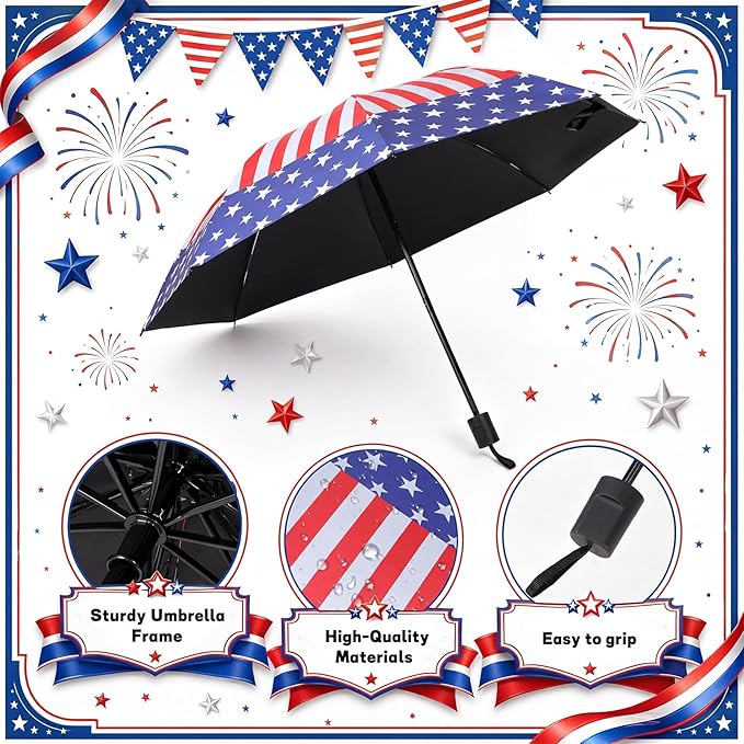 6 Pcs Patriotic American Umbrellas Red White Blue 4th of July Umbrellas with 8-Rib and Black Coating, Windproof
