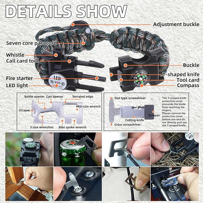 Survival Bracelets, Paracord Bracelets (2 pcs) with Loud Whistle Light Flint, Adjustable Compass Bracelet for Outdoor Camping Hiking Fishing Hunting, Multitools Tactical Gear, Bearable 300 lb
