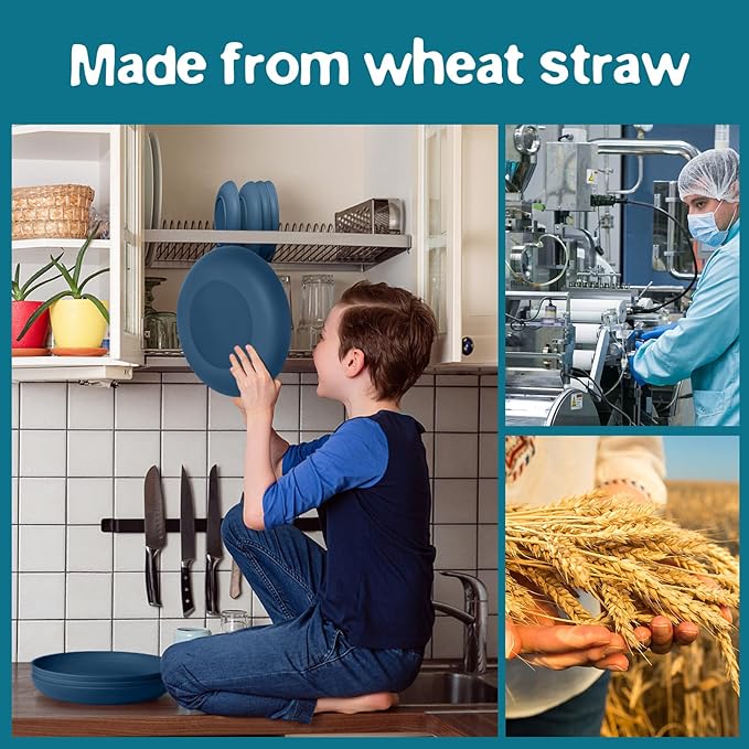 Teivio 32-Piece Kitchen Plastic Wheat Straw Dinnerware Set, Service for 8, Dinner Plates, Dessert Plate, Cereal Bowls, Cups, Unbreakable Colorful Plastic Outdoor Camping Dishes, Autumn Blue