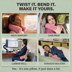 Dot&Dot Twist Memory Foam Travel Pillow for Airplanes - Neck Pillow for Sleeping - Airplane Pillow for Neck Support, Chin, Lumbar and Leg - Bendable Neck Roll Pillow Travel Essentials