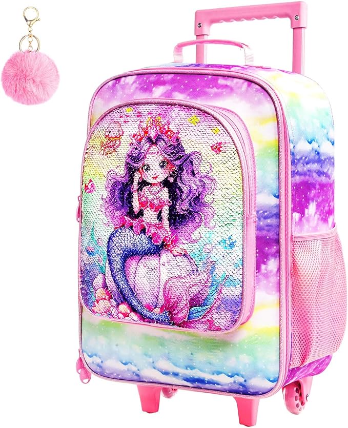 Girls Suitcase, 18" Kids Carry on Luggage With Wheels, Mermaid Suitcases for Toddler Children(Pink)
