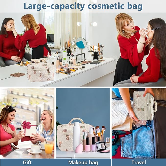 Gosect Large Makeup Bag, Cute Cosmetic Bag for Women Girls, Floral Coquette Aesthetic Toiletry Bag, Travel Make Up Organizer Bag (White-Bear)