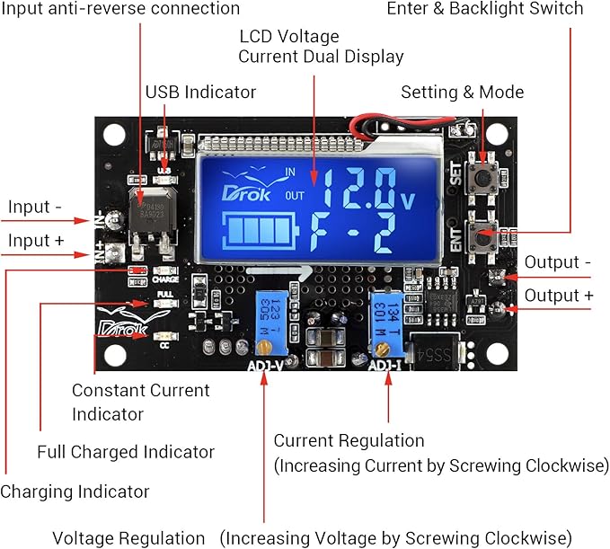 DROK Buck Boost Voltage Regulator, DROK DC 6-30V to DC 0.5-30V 5V 12V 24V Adjustable Voltage Converter, 4A 60W Power Supply Step Up Down Transformer Board Module with USB Port Case LCD Display Volt Am