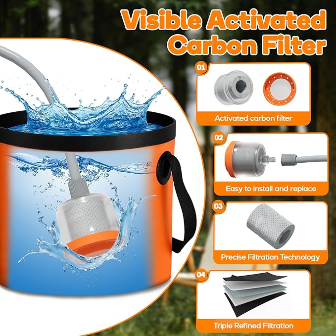 Portable Shower for Camping, Rechargeable Shower Head with LED Light, Filtered Camp Shower Pump, Large Capacity Foldable Bucket, Outdoor Camping Shower for Hiking, RV, Water Plant, Car Wash, Pet Bath