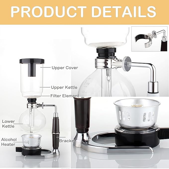 Siphon Coffee Maker Set, 5-Cup 600ml (20.3 oz) Borosilicate Glass Vacuum Brewer with Foldable Stainless Steel Coffee Filter, Dual Filtration for Home, Office & Camping（Filter Plus Version）