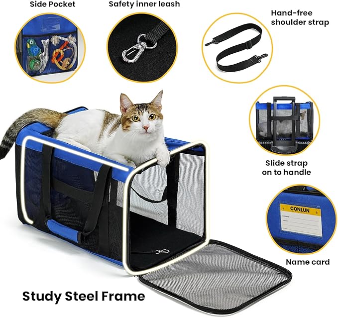 Conlun Cat Carrier Bag,Soft-Sided Pet Carriers for Dogs with 4-Sided Mesh,Airline Approved Cat Transport Carrier for Small&Medium Cats Kitten Puppy Up to 15LB,Collapsible Cat Travel Carrier-M,Blue