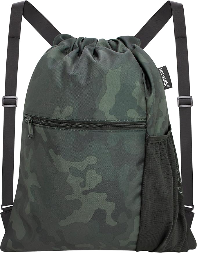 HOLYLUCK Men & Women Outdoor Sport Gym Sack Waterproof Drawstring Backpack Bag (Standard with width webbing, Black Camo-1)