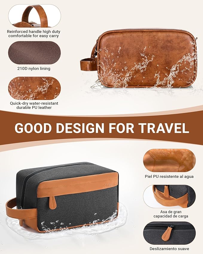 Elviros Travel Toiletry Bag Gift for Men，Mens Toiletries Bag Gifts Set Shaving Dopp Kit Water-resistant Bathroom Toiletries Organizer PU Leather Cosmetic Bags 2 Pack Brown
