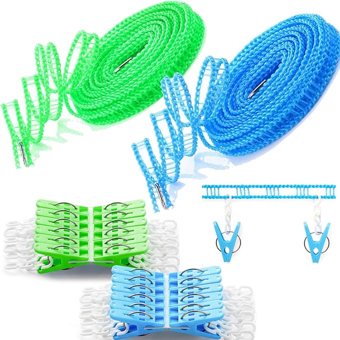 Foshine Clotheslines 2 Pack Clothesline Clothes with 24 Pcs Clips Drying Rope Portable Windproof for Travel Indoor Outdoor Laundry Clothes Line Hanger Camping Home