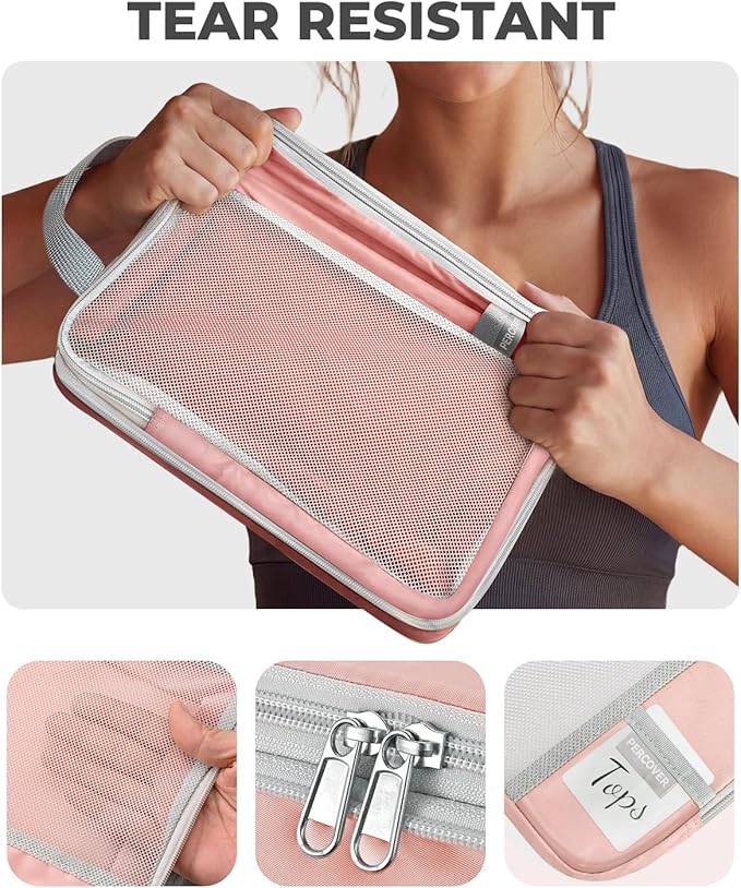 Percover Compression Packing Cubes 4-Piece Set, Packing Cubes Compression for Travel with Label Pockets, Travel Organizer for Carry On & Checked Luggage, Pink