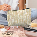 Boho Beige Leaf Makeup Bag, Neutral Block Print Leaves Cosmetic Bags for Women, Minimalist Beige Botanical Zipper Makeup Pouch