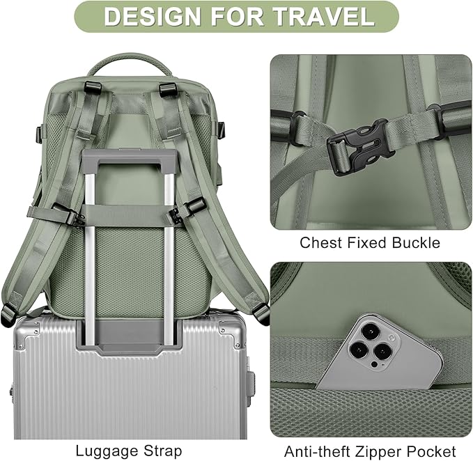 coofay Travel Backpack For Women Men Airline Approved Carry On Backpack Flight Approved Waterproof Sports Luggage Backpack Casual Daypack Small Hiking Backpack Grey Green