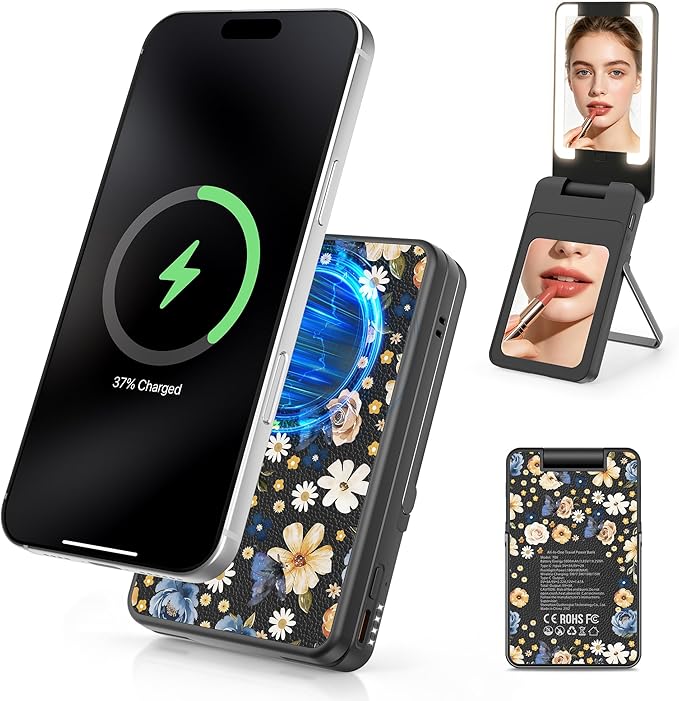 Magnetic Wireless Power Bank, 5000mAh Portable Charger with LED Makeup Mirror & Phone Stand, 20W USB-C Fast Charging Battery Pack for iPhone 17/16/15/14/13/12 Series, Black Butterfly