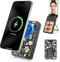 Magnetic Wireless Power Bank, 5000mAh Portable Charger with LED Makeup Mirror & Phone Stand, 20W USB-C Fast Charging Battery Pack for iPhone 17/16/15/14/13/12 Series, Black Butterfly