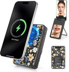 Magnetic Wireless Power Bank, 5000mAh Portable Charger with LED Makeup Mirror & Phone Stand, 20W USB-C Fast Charging Battery Pack for iPhone 17/16/15/14/13/12 Series, Black Butterfly