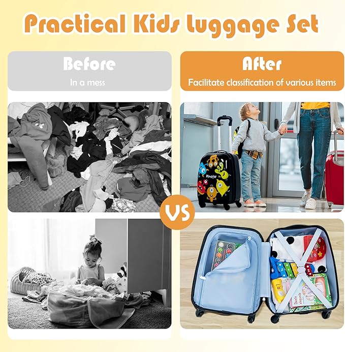 BABY JOY 2 PC Kids Luggage, 16" Toddlers Carry-on Suitcase & 12” Backpack Set, Children Travelling Case w/ 4 Casters & Retractable Handle, Lightweight Trolley Case for Boys & Girls (Monster)
