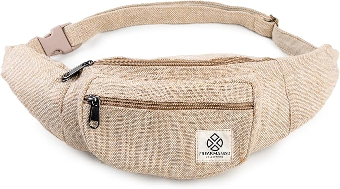 Freakmandu Eco-Friendly Boho Hippie Style Hemp Fanny Pack White Hip Waist Bag for Hiking Running Jogging (Nirvana)
