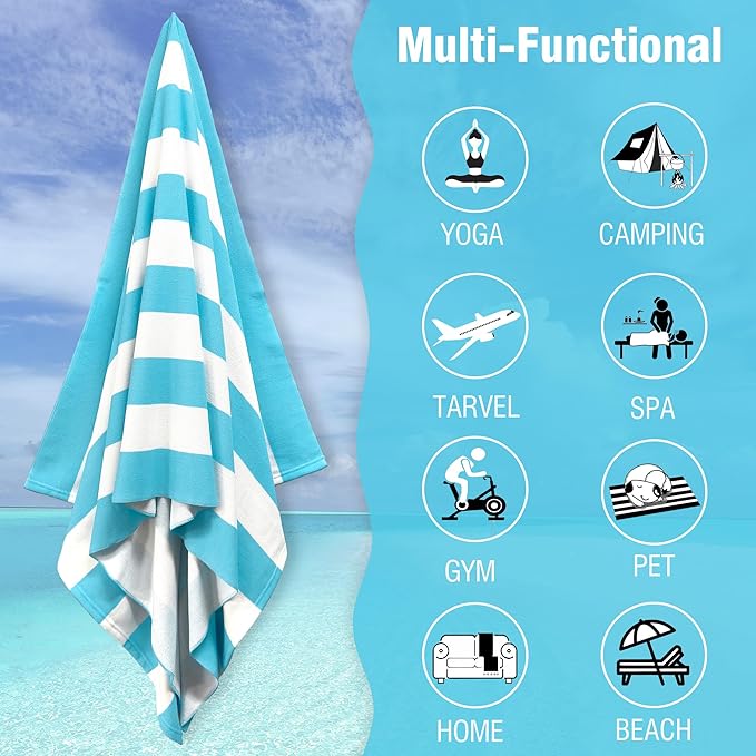 HENBAY Large Oversized Beach Towel - 35 x 70 Inch Microfiber Pool Towel, Turquoise Striped Quick Dry Cabana Swim Towel