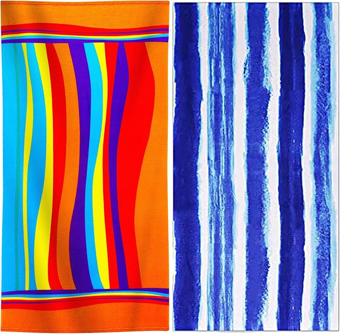 2 Packs Oversized Beach Towel Set 36 x 72 ln Large Big Pool Camping Swim Clearance Soft Towels Travel Essentials Accessories Must Haves Vacation Necessities Adult Gifts Orange Stripes Blue Stripes