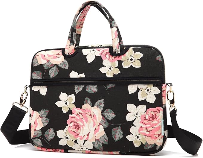 kayond Black Rose Patten water-resistant Laptop Shoulder Messenger Bag Case Sleeve for 12 Inch 13 Inch Laptop