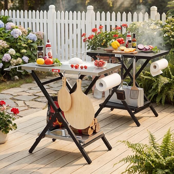 Feasto Outdoor Grill Table, Foldable Pizza Oven Stand & Griddle Stand with Garage Rack & Tissue Holder, Folding Outdoor Prep Table for Gathering and Party, 30" x 24", Stainless Steel
