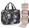 Wedama Toiletry Bag for Women, Large Cosmetic Travel Bag, Hanging Toiletry Bag for Bathroom, PVC Waterproof Makeup Bag, Toiletries Bag for Travel Business Trips and Camping, Black+Pink Floral