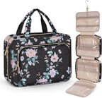 Wedama Toiletry Bag for Women, Large Cosmetic Travel Bag, Hanging Toiletry Bag for Bathroom, PVC Waterproof Makeup Bag, Toiletries Bag for Travel Business Trips and Camping, Black+Pink Floral