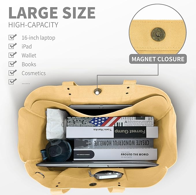 HOMESPON Large Canvas Tote Bag for Women Everything Bag with Pockets and Laptop Sleeve