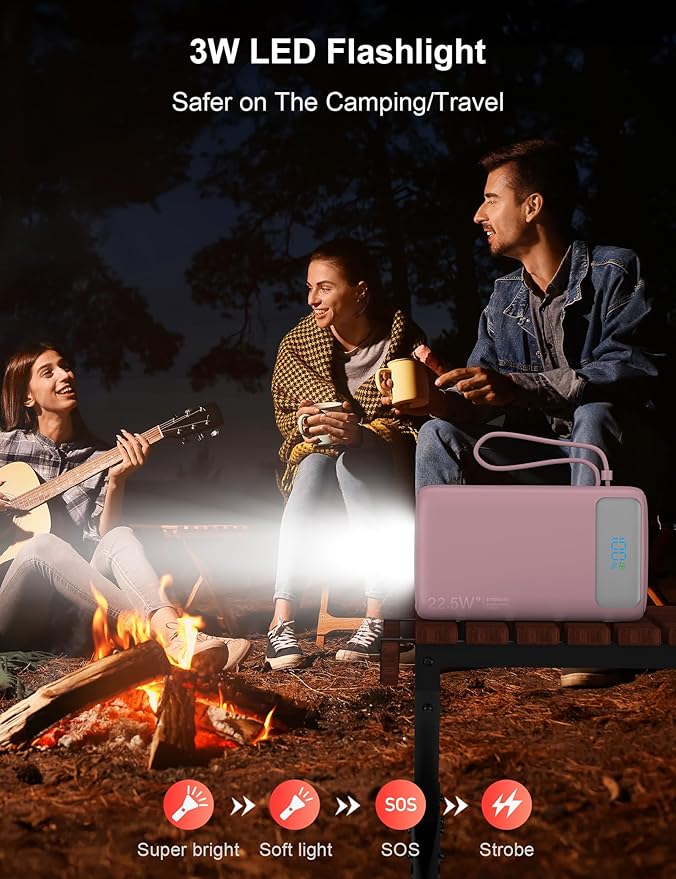 Portable Charger, 27000mAh 22.5W Fast Charging Power Bank with Built-in Cable, USB C Battery Pack with LED Display & Flash Light, Travel Essential External Battery Charger Bank for iPhone Samsung Pink
