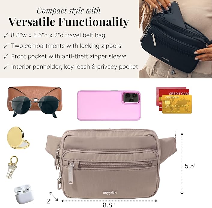 Baggallini Securtex Anti-theft Belt Bag 8.8"x5.5" Crossbody Fanny Pack for Women RFID Wallet Locking Zipper Travel Purse