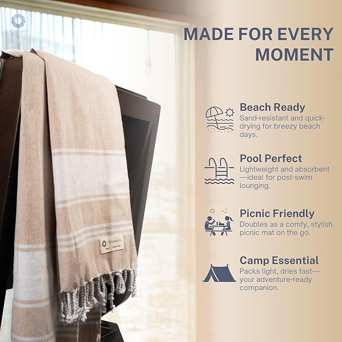 Cotton Turkish Beach Towel with Towels Oversized 36"x72" Pool Absorbent Extra Large Quick Dry Sand Travel Towel (Beige, 2 Pack)