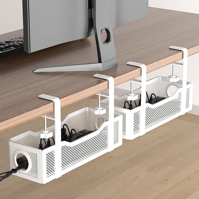 2 Pack Under Desk Cable Management Box White, Cinati 26.8" Wire Organizers No Drill, Cord Organization Tray with Clamp for Office, Home - No Damage to Desk