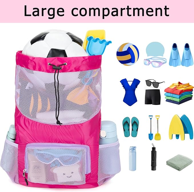 Swim Bag for Kids Mesh Beach Backpack for Girls Lightweight Drawstring Beach Bag Swimming Pool Sports Gym String Bag (Purple)