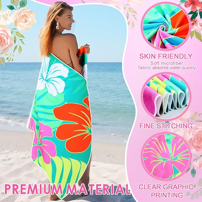FuWeave 6 Pcs 72 x 36 Microfiber Oversized Beach Towels Large Absorbent Thin Compact Lightweight Sand Free Quick Dry Towels Pack for Travel Pool Yoga Gym Sports Beach Accessories(Flower)