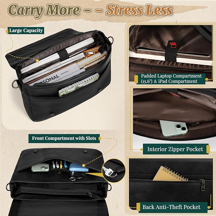 RAINSMORE Vintage Flap Messenger Bag for Men PU Leather Laptop Bag 15.6 Inch Mens Briefcase Waterproof Satchel Computer Bag