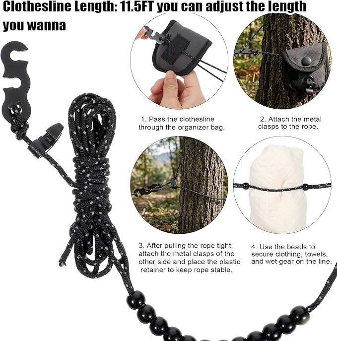 Ouligay Travel Clothesline Portable Clothesline 11.5 Feet Lightweight Camping Clothes Line with 24 Beads, Travel Clothes Line for Outdoor Cruise Ships, Indoor Hotels Backyard, Balcony, Tents