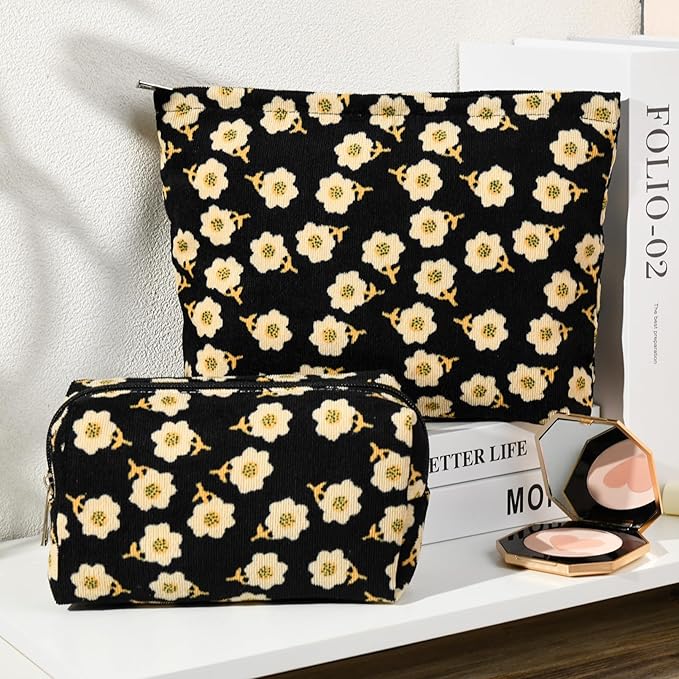SOIDRAM 2 Pieces Flower Makeup Bag Large Cosmetic Bag Capacity Canvas Mix Travel Toiletry Bag Organizer Cute Makeup Brushes Aesthetic Accessories Storage Bag for Women, Flower Mix Black