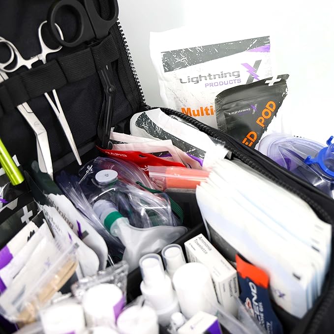 Lightning X Products Lightning X Pre-Stocked EMS/EMT Trauma Kit w/Large First Responder Bag & 256 Aid Medical Supplies - Black