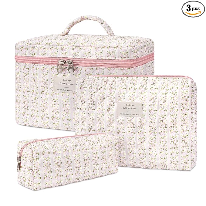 honitty Makeup Bag,Quilted Cosmetic Bags,Large Floral Make Up Organize bag,Makeup Bag Set for Women,Flower Travel Toiletry Bag