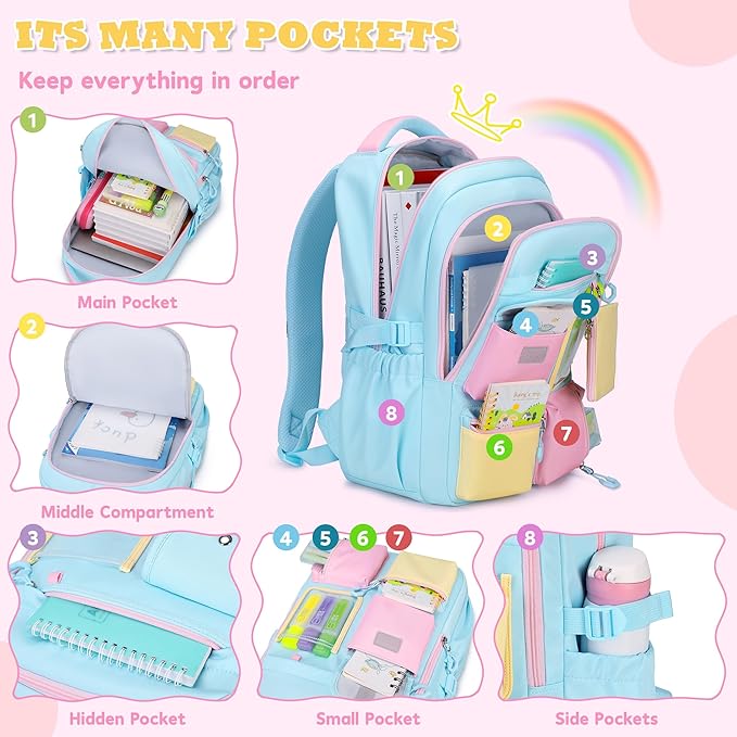 Kids Backpack, Backpack for Girls for Elementary School Multiple Pockets Ages 6-10(Blue)