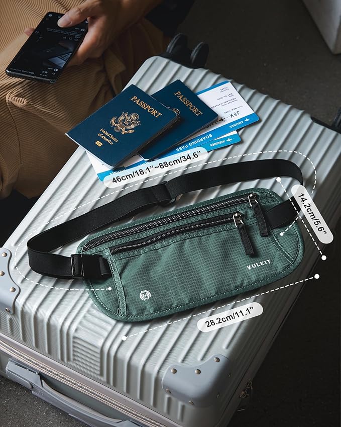 VULKIT Money Belt for Travel, Hidden Passport Holder, Anti-Theft Travel Wallet Under Clothes, RFID Blocking Waist Pouch, Undercover Fanny Pack, Deep Teal
