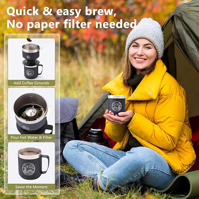 Stainless Steel Pour Over Coffee Filter, Reusable Dripper for Insulated Mugs, Paperless Coffee Maker for Hiking, Camping & Outdoor Adventures, Rinse-clean & Portable - Black