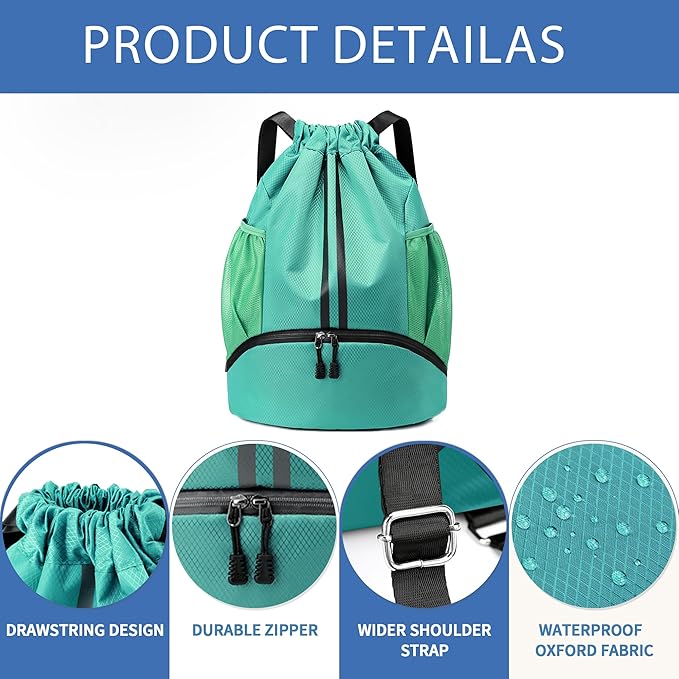 JELUTAR Drawstring Backpack Gym Bag with Shoes Compartment for Soccer, Basketball, Swim, Water-Resistant String Backpack Beach Cinch for Women Men, Mint Green