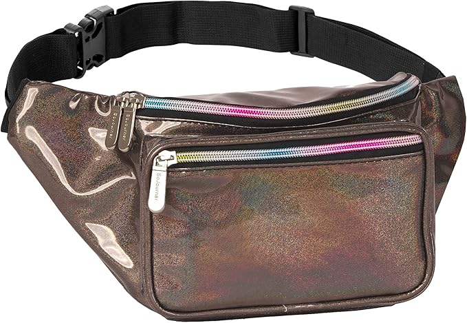 Holographic Fanny Pack Belt bag - Crossbody Waist Bag for Men or Women - Hands-Free, Waterproof Large Bumbag for Hiking, Running, and Travel (Copper Glitter)