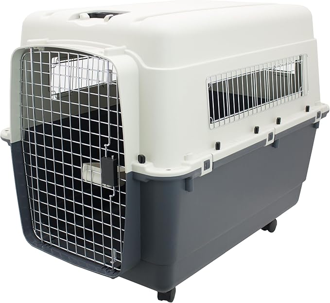 SportPet Airline Compliant XXX-LARGE 48" Travel Dog Kennel-Durable Plastic Airline Pet Carrier w/Removable Wheels & Food Bowls, Collapsible Indoor/Outdoor Dog Kennel, Dogs up to 44"L & 33"H-Cream/Gray