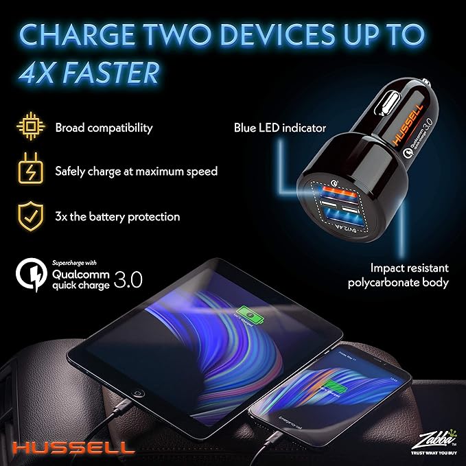 WERPOWER Hussell Cigarette Lighter USB Adapter - 12 V Car Charger for Mobile Phone, Navigation Connection to Socket - 2-Port Multiple Plug - Must Have Car Gadget