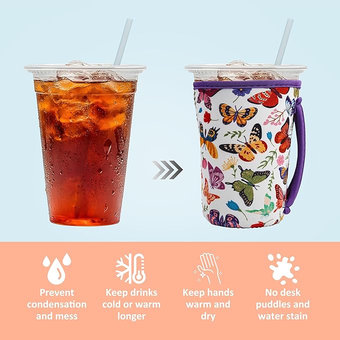 KJQJLY 3 Pack Reusable Iced Coffee Sleeves for Iced Coffee Cups or Drinks Reusable Neoprene Insulated Sleeves for Hot and Cold Drinks from Starbucks, Dunkin, And More (White butterfly)