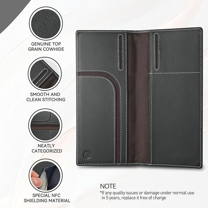 RFID Blocking Leather Passport Holder with AirTag Holder, Travel Wallet with Card Slots, Long Passport Cover for Men & Women (Gray)